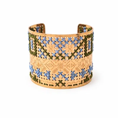 L'eight Studio Women's Gold-plated Engraved Cuff Bracelet - Military Green & Azure In Brown