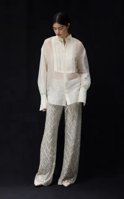 Lein Arlo Embroidered Wide-leg Trousers In Silver
