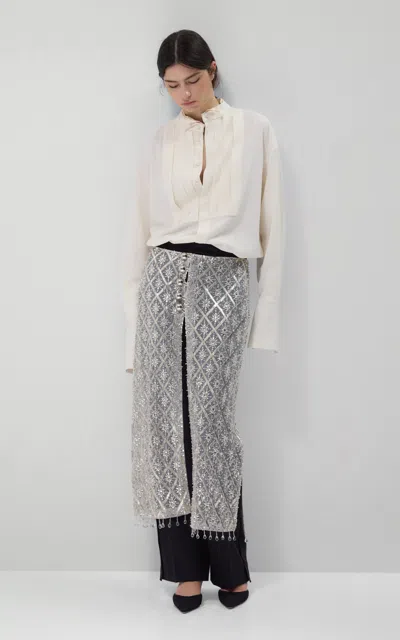 Lein Vale Hand-embroidered Lattice Overskirt In Silver