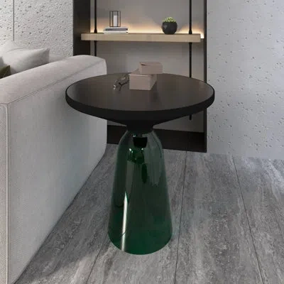 Leisuremod 19" Round Side End Table Glass/sintered Stone Top With Powder-coated Black Rim And Tempered Glass Ba In Green,black