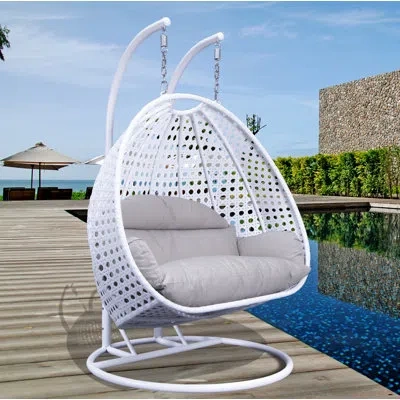 Leisuremod 2-person Hanging Egg Chair With Stand, Indoor Outdoor Patio Double Swing Chair, Heavy Duty Wicker Ba In White,beige