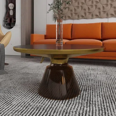 Leisuremod 30" Round Coffee Table Glass/sintered Stone Top With Brushed Gold Rim And Tempered Glass Base In Gray