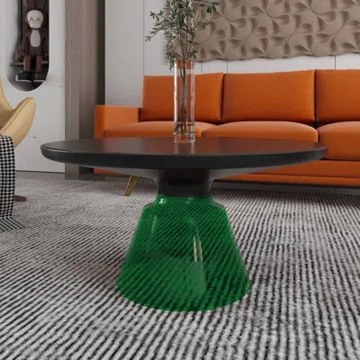 Leisuremod 30" Round Coffee Table Glass/sintered Stone Top With Powder-coated Rim And Tempered Glass Base In Green,black