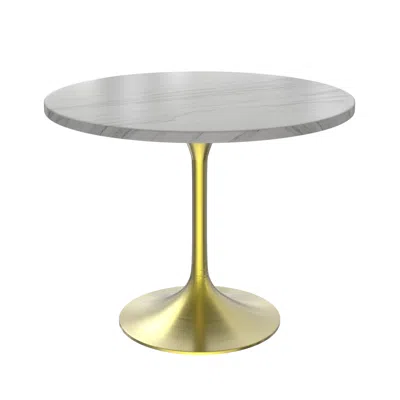 Leisuremod 36 Round Dining Table, Brushed Gold Base With Sintered Stone White Top In Gray