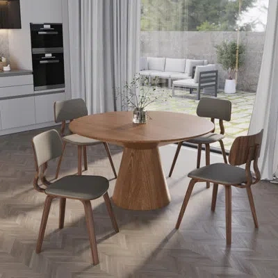 Leisuremod 5-piece Dining Set Round Dining Table With Ash Wood Top And 4 Leather Dining Chairs In Stained Woode In Gray,walnut