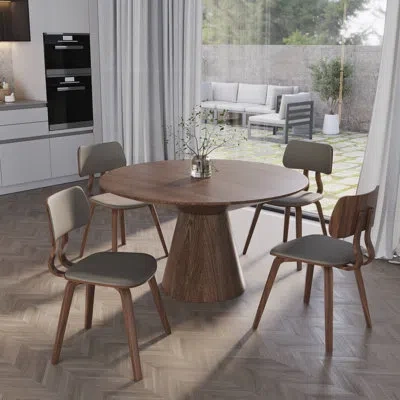 Leisuremod 5-piece Dining Set Round Dining Table With Ash Wood Walnut Top And 4 Leather Dining Chairs In Staine In Walnut,light Gray