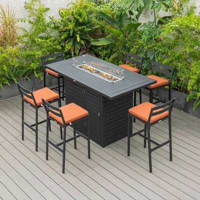 Leisuremod 7-piece Patio Dining Bar Set Aluminum Rectangular Fire Pit Table With Tank Holder And 6 Barstool Wit In Orange