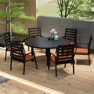 Leisuremod 7-piece Patio Dining Set With 60" Round Aluminum Dining Table And 6 Dining Armchair In Black