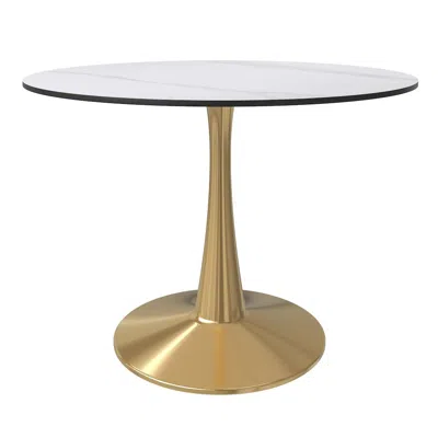 Leisuremod Bristol 40" Round Dining Table Gold Base With White Sintered Stone Top