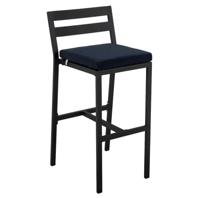 Leisuremod Chelsea Collection Modern Aluminum Outdoor Bar Chair In Black With Blue Cushions In Brown
