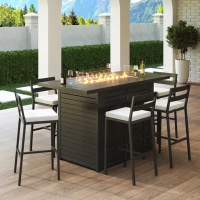 Leisuremod Chelsea Rectangular Bar Height Fire Pit Aluminum Table With Removable Lid And Tempered Glass Fire Gu In Black