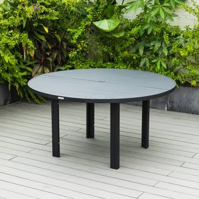 Leisuremod Chelsea Round Modern Aluminum Outdoor Dining Table – Weather-resistant Slatted Patio Table With Umbr In Black