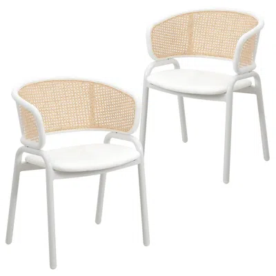 Leisuremod Dining Chair With White Powder Coated Steel Legs And Wicker Back, Set Of 2