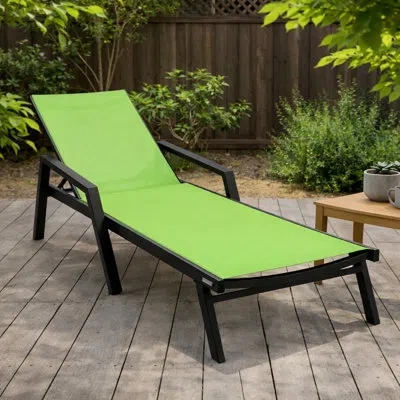 Leisuremod Marlin Outdoor Patio Reclining Chaise Lounge Arm Chair With Powder-coated Aluminum Frame- Breathable In Green
