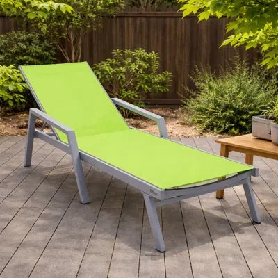 Leisuremod Marlin Outdoor Patio Reclining Chaise Lounge Arm Chair With Powder-coated Aluminum Frame- Breathable In Green