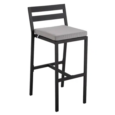 Leisuremod Modern Aluminum Outdoor Bar Chair In Black With Light Grey Cushions