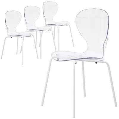 Leisuremod Modern Oyster Transparent Side Chair In White Base Set Of 4