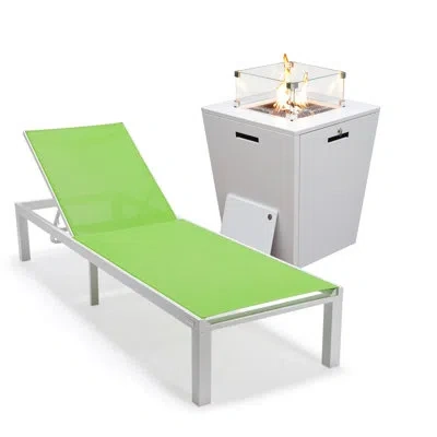 Leisuremod Outdoor Metal Chaise Lounge Set With Table In Green,gray