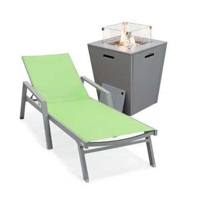 Leisuremod Outdoor Metal Chaise Lounge With Table In Green