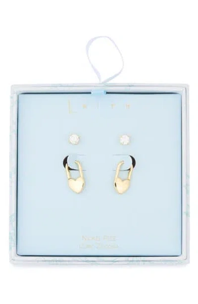 Leith 2-pair Cubic Zirconia Stud & Heart Lock Earrings Set In Gold