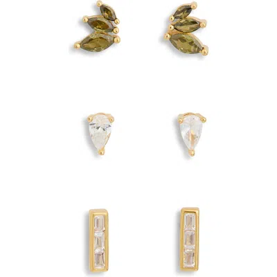 Leith 3-pack Cz & Faux Pearl Assorted Flatback Stud Earrings In Clear- Green- Gold
