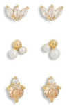 Leith 3-pack Cz & Faux Pearl Assorted Flatback Stud Earrings In Clear- White- Gold