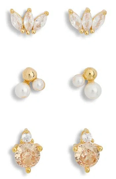 Leith 3-pack Cz & Faux Pearl Assorted Flatback Stud Earrings In Clear- White- Gold