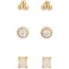 Leith 3-pack Cz & Opal Assorted Flatback Stud Earrings In Clear- White- Gold