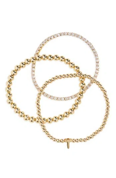 Leith 3-pack Initial Bead Bracelet In T- Clear- Gold