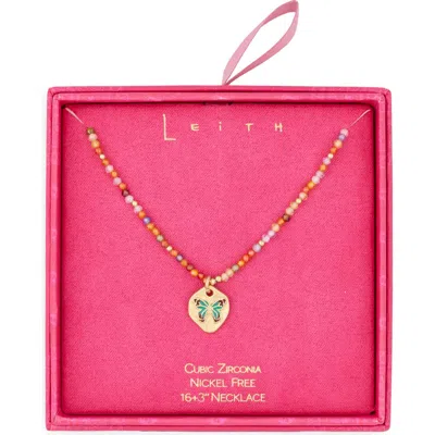 Leith Beaded Butterfly Pendant Necklace In Orange Multi- Gold