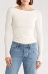 Leith Boat Neck Long Sleeve Ruched Top In White