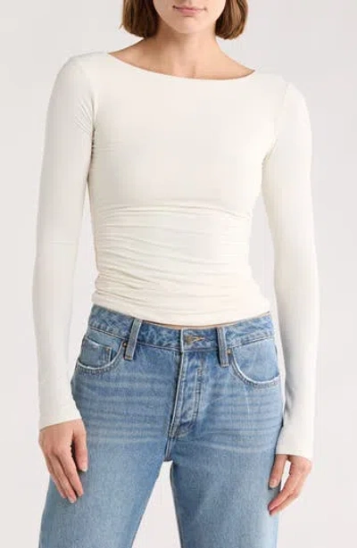 Leith Boat Neck Long Sleeve Ruched Top In White