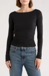 Leith Boat Neck Long Sleeve Ruched Top In Black