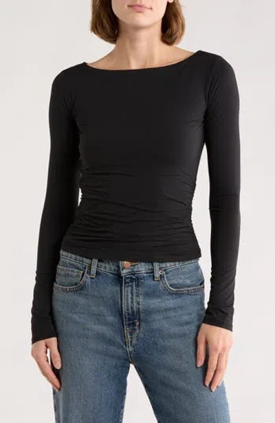 Leith Boat Neck Long Sleeve Ruched Top In Black