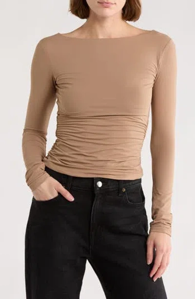 Leith Boat Neck Long Sleeve Ruched Top In Brown