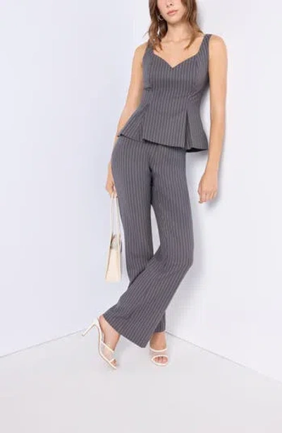 Leith Brooklyn Peplum Top In Grey Charcoal Pinstripe