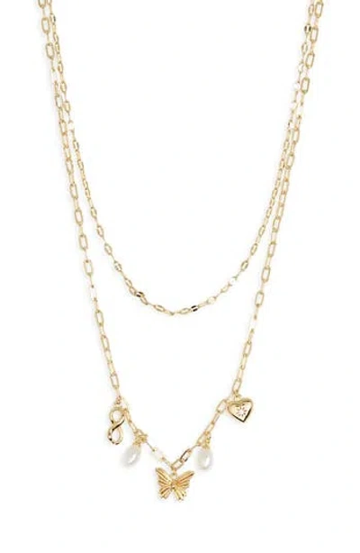 Leith Butterfly & 4mm Freshwater Pearl Charm Necklace In Gold