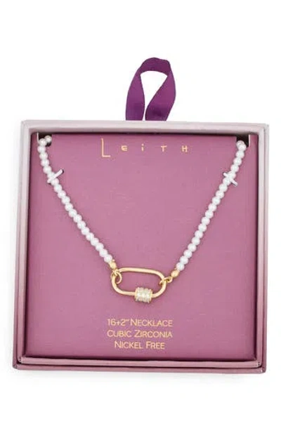 Leith Cubic Zirconia & Faux Pearl Carabiner Necklace In Gold