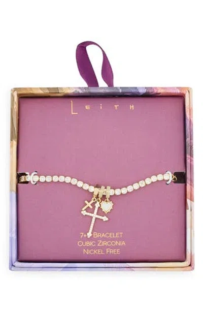 Leith Cubic Zirconia Cross & Heart Charm Tennis Bracelet In Gold
