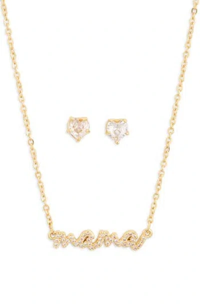 Leith Cz Mama Script Necklace & Stud Earrings Set In Clear- Gold