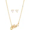 Leith Cz Mrs. Script Necklace & Stud Earrings Set In Clear- Gold