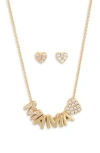 Leith Demi-fine Cubic Zirconia Heart Stud Earrings & Mama Pendant Necklace Set In Clear- Gold
