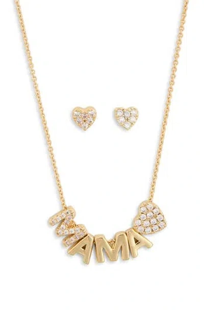 Leith Demi-fine Cubic Zirconia Heart Stud Earrings & Mama Pendant Necklace Set In Clear- Gold