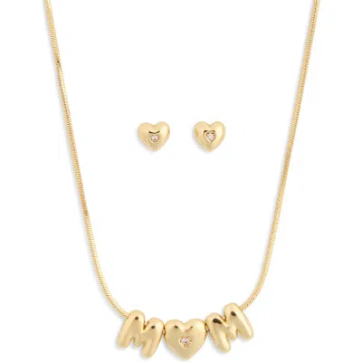 Leith Demi-fine Cubic Zirconia Heart Stud Earrings & Mom Pendant Necklace Set In Clear- Gold