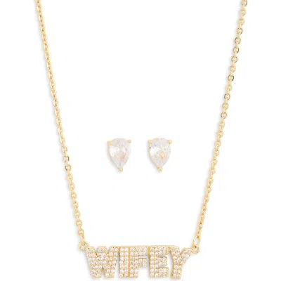 Leith Demi Fine Cubic Zirconia Stud Earrings & Wifey Necklace Set In Clear- Gold