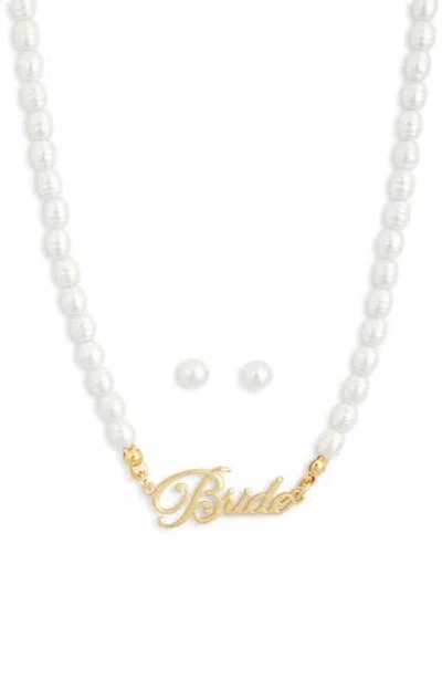 Leith Demi Fine Faux Pearl Stud Earrings & Bride Necklace Set In White- Clear- Gold