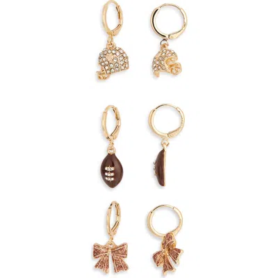 Leith Gameday Set Of 3 Huggie Hoop Earrings In Brown Multi- Gold