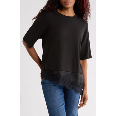 Leith Lace Hem Knit Top In Black