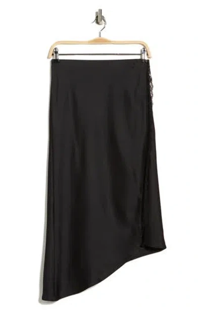 Leith Lace Trim Satin Midi Skirt In Black