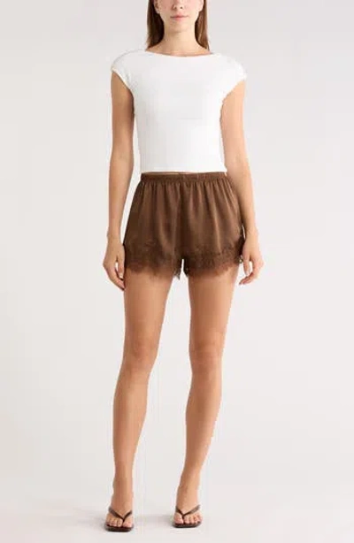 Leith Lace Trim Satin Shorts In White